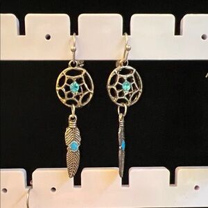 Silver Dreamcatcher Earrings with Turquoise Accents